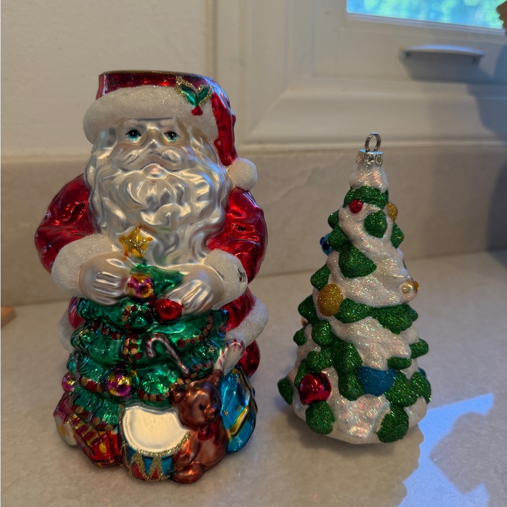Festive Santa blown glass tea light holder and  Ornament - Red, Green, White